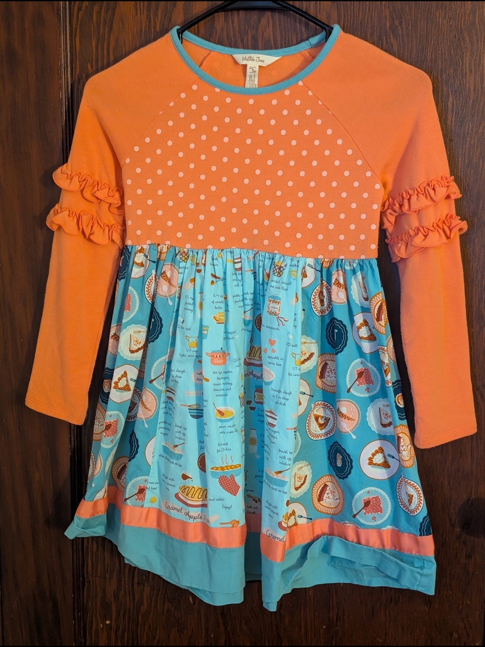 Matilda Jane Sweetie Pie Orange & Turquoise Ruffle Sleeve Peplum Dress Size 8